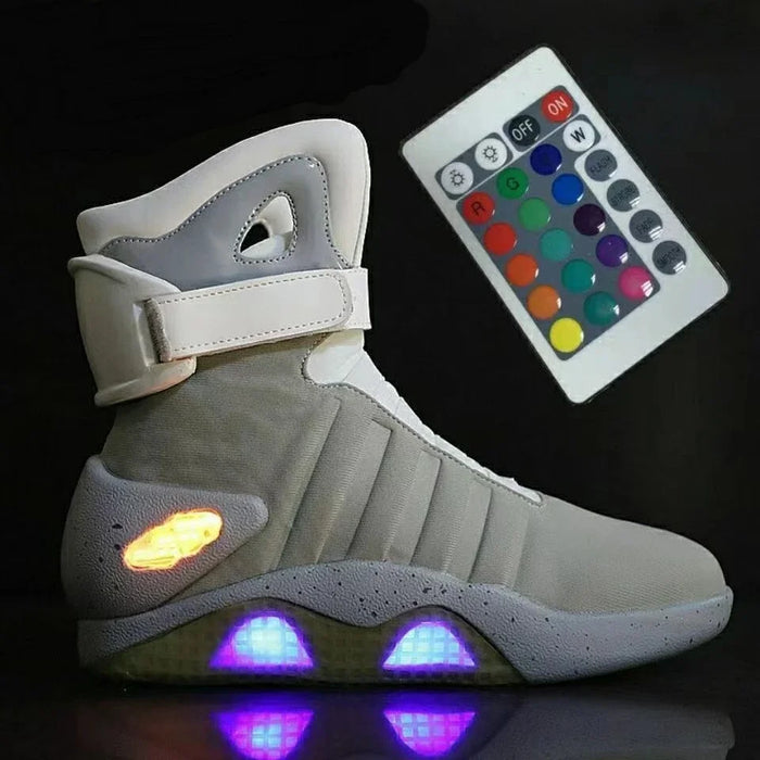 Baskets LED lumineuses télécommandées, chaussures de mode à éclairage LED pour hommes, chaussures style Air, rechargeables par USB, bottes Retour vers le futur 1989