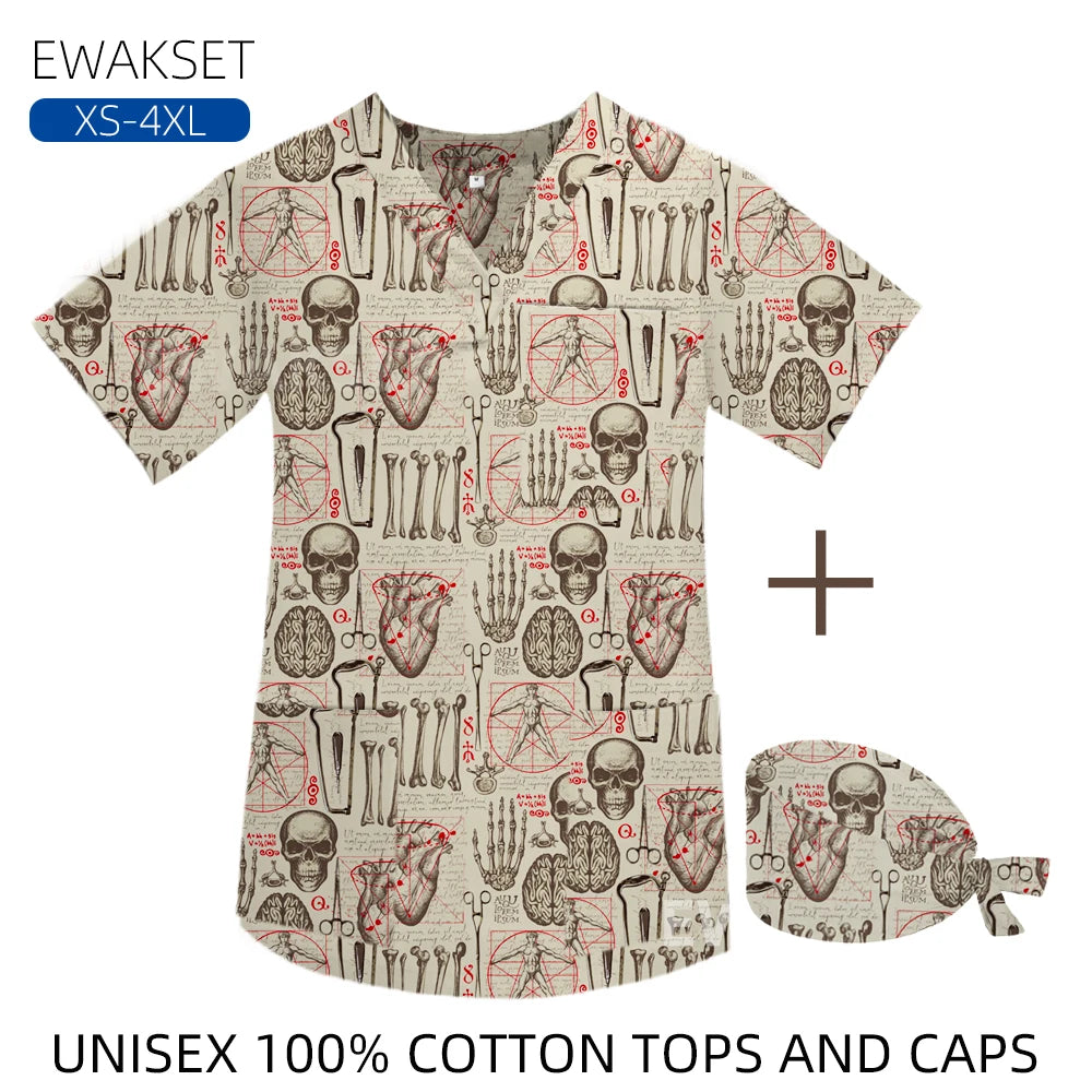Women men Cartoon X-ray Surgical Tops pure Cotton Short Sleeve Medical Uniform Hospital Clinic Scrubs Blouse orthopedics Clothes