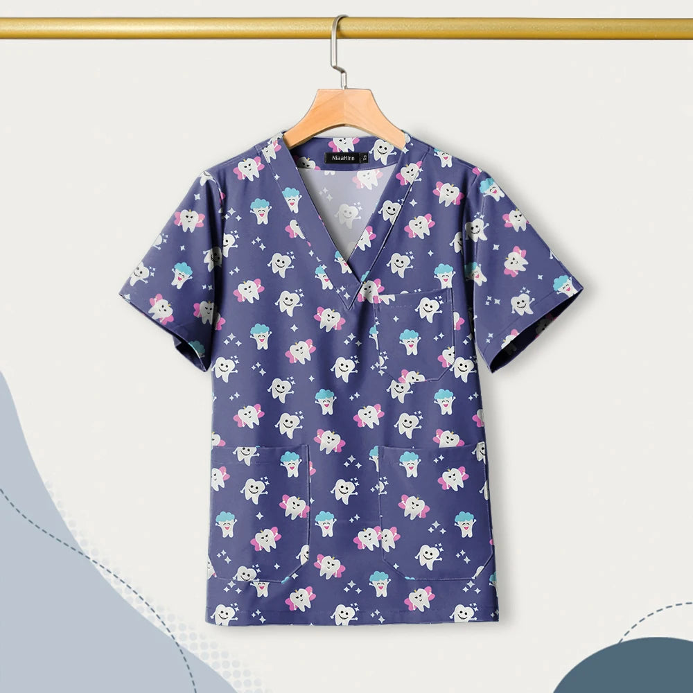 Nursing Uniforms Cartoon Printed Medical Elastic Hospital Doctor Unisex Halloween Christmas Costumes Women Men Nurse Scrubs Tops