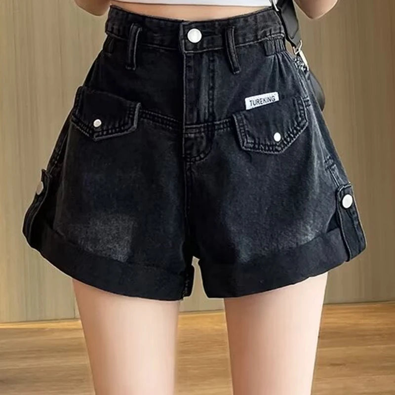 2024 Summer Women Shorts Pants Lady High Waisted Loose High Street Denim Pants Female Streetwear Black Gray Wide Leg Short Jeans