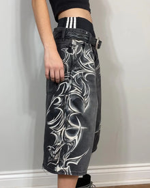 American Retro Gothic Halloween Geometry Graffiti Print Denim Shorts Men Women Y2k Low Waist Baggy Knee Length Jeans Jorts Short