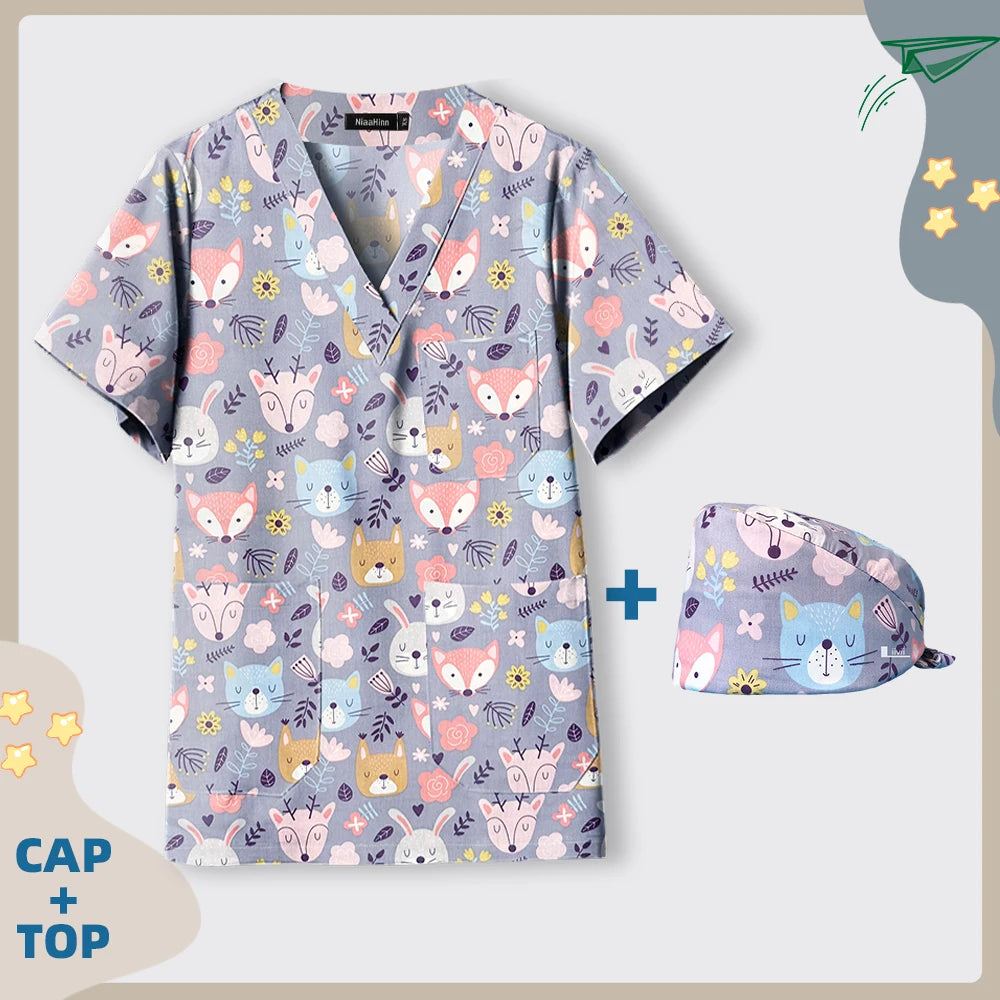 Print Dogs/Cats/Rabbit Scrub Tops Women Men Medical Scrub Shirts Pet Shop Vet Workwear Doctor Nurse Uniform Dentist Overalls Cap