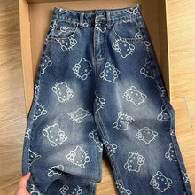 Kawaii Women Hello Kittys Printed Jeans Y2K Girls Cartoon Denim Pant Fashion High Waist Wide Leg Pant Teenager Casual Trousers
