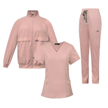 Female Loose Comfy V-neck Short Sleeved Top and Trousers and Coat Three Piece Workwear Solid Fall Winter Nurse Caring Clothes