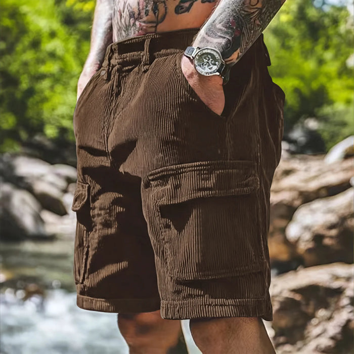 Shorts décontractés en velours côtelé pour homme, style safari, coupe ample, couleur unie, multipoches, mode masculine, coupe droite, longueur genou