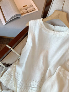 Summer 2025 Women's Embroidered Lace Trim Linen Two-Piece Set Sleeveless Top And Shorts Outfit Elegant And Proper Fashionable