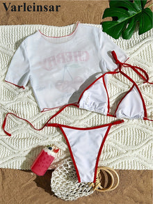 Cherry Three Piece Bikini Set Plus Size Women Swimsuit V7329
