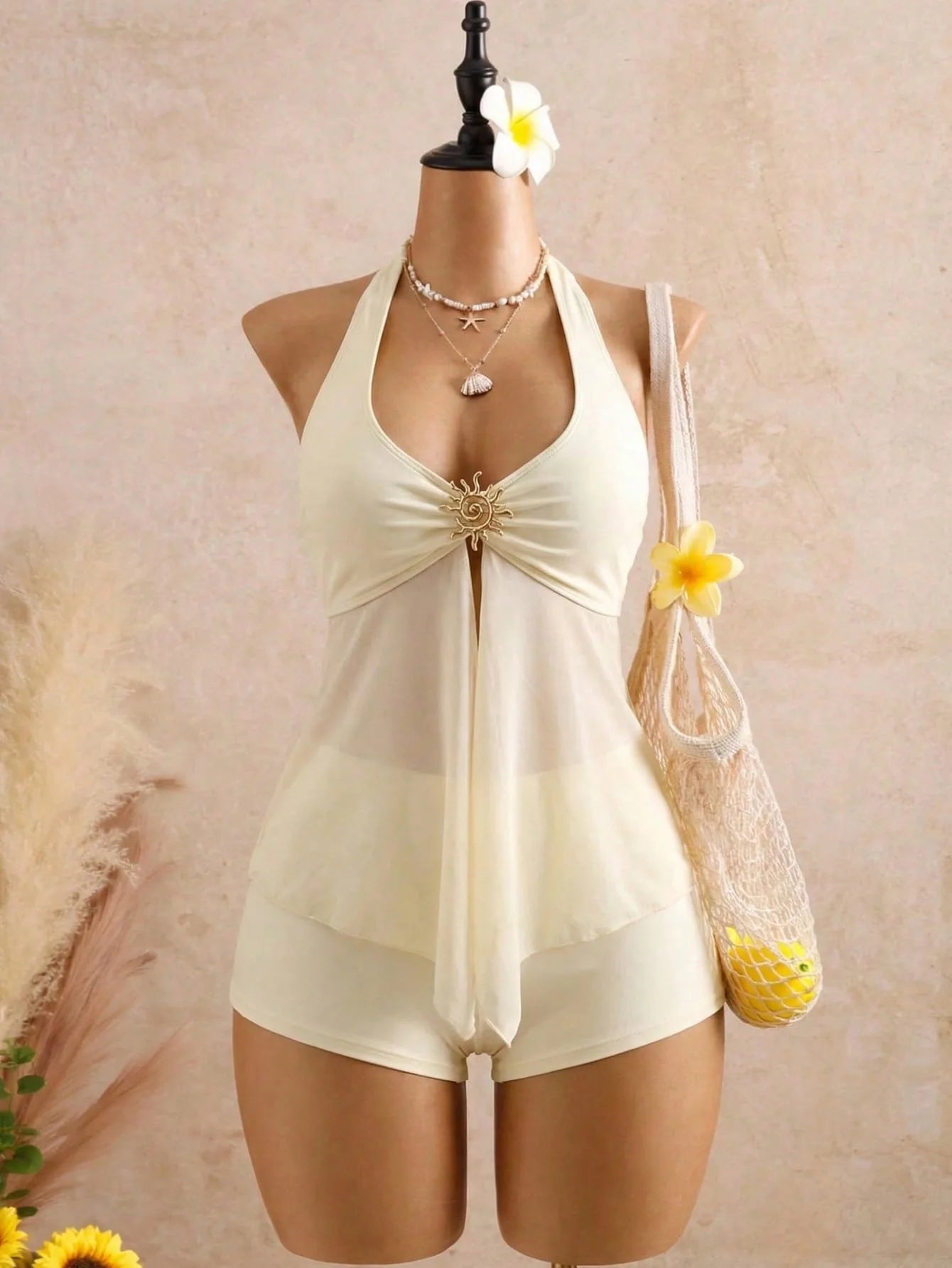 Sexy Beige Two Piece Bikini Set 2026 Women Metal Sun Ornament Mesh Tank Top High Waist Swimsuit Holiday Bathing Suit Swimwear