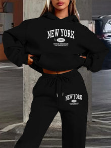 New York Print Two piece Set Casual Kangaroo Women's Casual Fashion Round Neck Sweatshirt, Solid Color Long Sleeves Sweatshirt,