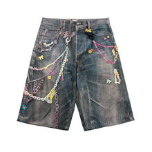 3D Candy Chain Print Baggy Jeans Shorts for Men Streetwear Summer Wide Leg Patchwork Casual Loose Knee Length Pants Oversized