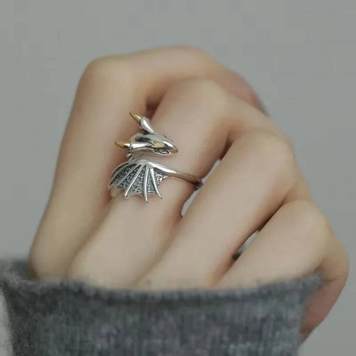 PANJBJ 925 Silve Wing Dragon Punk Ring for Women Girl Party Gift  Retro Hiphop Fashion Jewelry Dropshipping