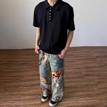 New Men's Punk Fashion Distressed Streetwear Denim Pantalones 3D Cartoon Bear Graphic Baggy Y2K Jeans Hip Hop Printed Jean