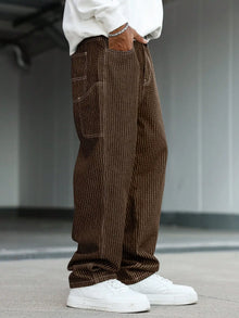 Men's vintage brown-and-white thin pinstripe loose wide-leg denim trousers, Y2K workwear street-style unisex casual jeans