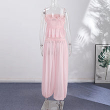 Women Pant Set Sheer Layers Spaghetti Strap Backless Lace Top Straps Solid Loose Straight Elastic Hem Fashion Beach Chic Suits