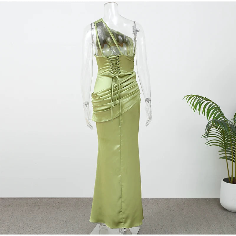 Women Green Ruched Elegant Satin Maxi Dress Mermaid One-shoulder Cutout Slim Fit Flowy Vestido 2026 Lady Summer Evening Vestidos