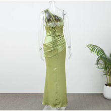Women Green Ruched Elegant Satin Maxi Dress Mermaid One-shoulder Cutout Slim Fit Flowy Vestido 2026 Lady Summer Evening Vestidos
