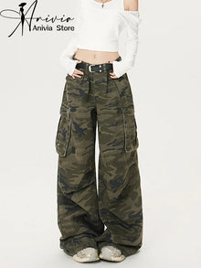 Women's Green Camouflage Workwear Pants Jeans Y2K American High Street Harajuku Loose Wide Leg Long Jeans Casual Clothing 2026