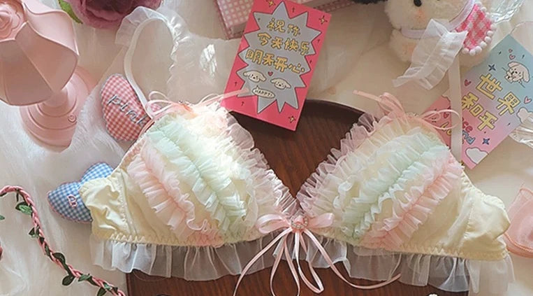 Japanese Lolita Princess Lingerie Women Pure Desire Cake Layer Lace Mesh Cotton Crotch Party Bra Panty Set Cute Comfortable Soft