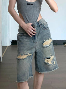 Y2K American Retro High Street Hip Hop Loose Straight Cut Shorts Women's Five-Point Pants  Style Mid-Calf Shorts with Hole