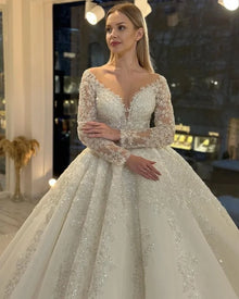 Flavinke Customized A-Line Wedding Dresses Women Sequins Appliques Bridal Gown O-Neck Long Sleeves Sweep Train Vestidos De Novia
