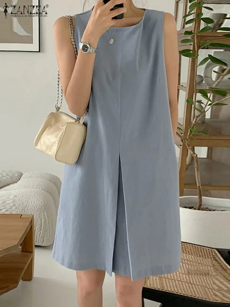 ZANZEA Women Tank Dress Sleeveless O Neck Knee Sundress