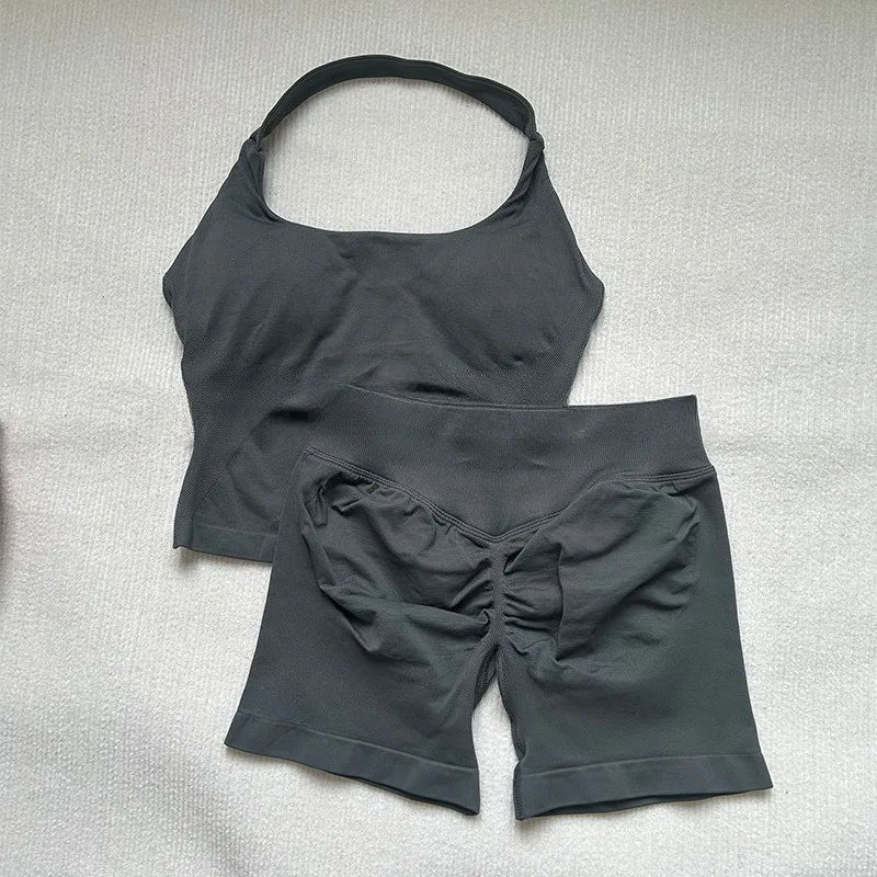 NO Logo Gym impact shorts set Strap Top Women's Long Line Strap Vest Pads Yoga Clothes Fitness Exercise Running Sports Clothes