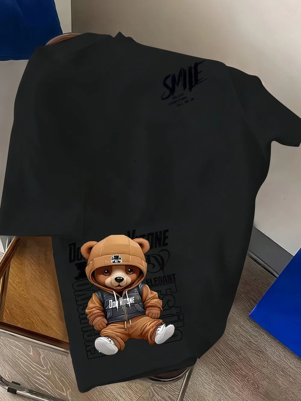 European and American men's summer personalized letter bear print comfortable and breathable round neck T-shirt outdoor street t