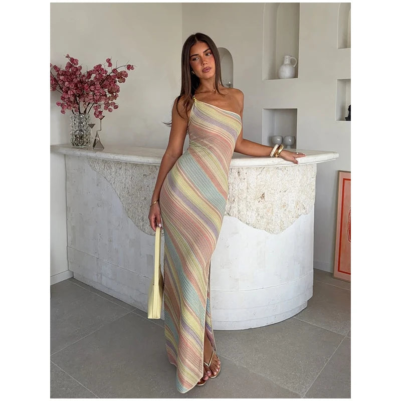 Women Rainbow Diagonal Stripe Maxi Dress One Shoulder Strap Slim Bodycon High Slit Knit Vestido Summer Beach Vacation Outfit