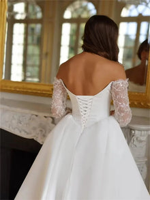 SWEMILE Customized Off Shoulder Long Appliques Sleeves Satin A-Line Wedding Elegant Lace-up Back Floor Length Side Slit Gown