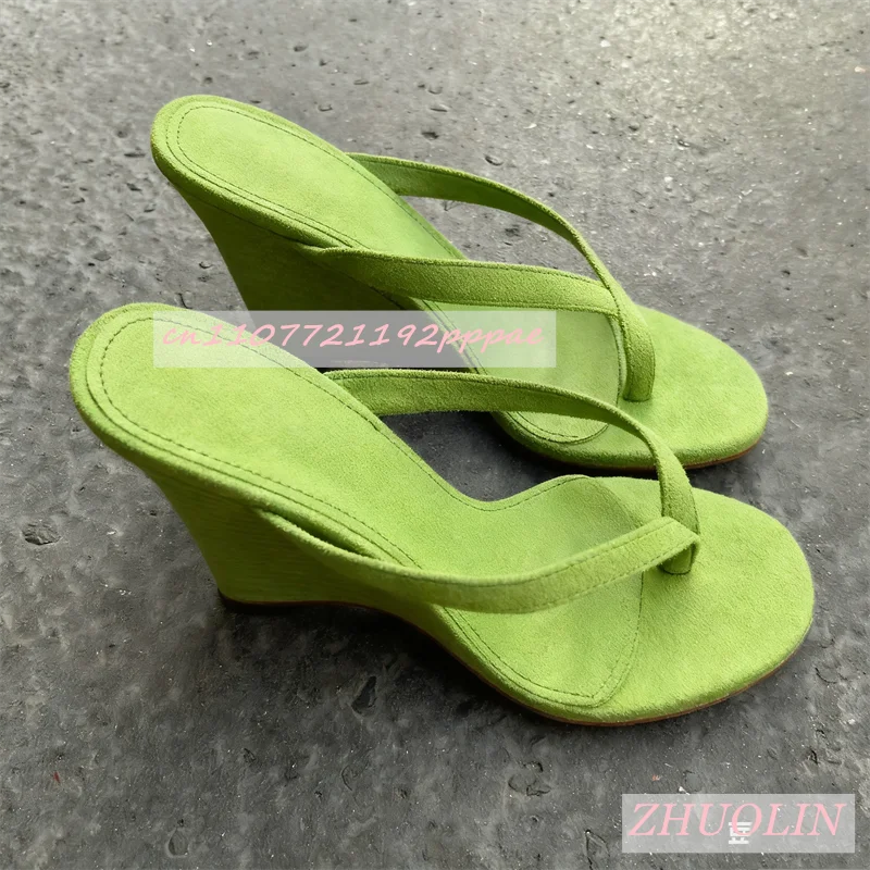 Rose Red Suede Thong Mules Summer Open Toe Shallow Wedge Sandals Elegant Outdoor Women'S Slip-On Slippers Big Size Gladiator 46
