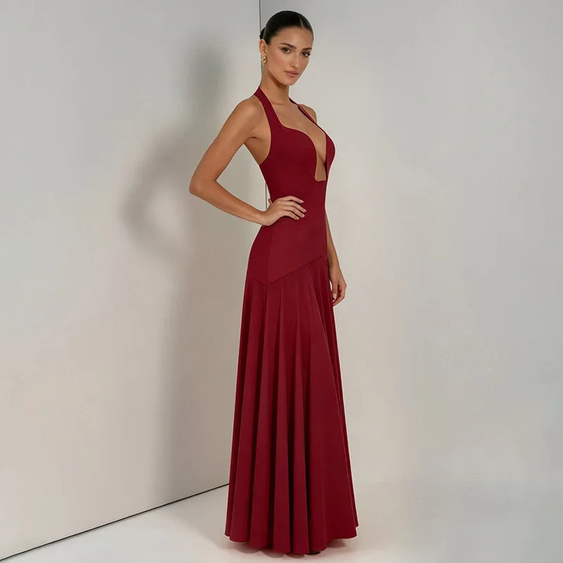 2026 NEW Summer Women Halter Front Cut Out V Neck Bodycon Maxi Dress Sleeveless Sexy Elegant Club Evening Party Long Dress