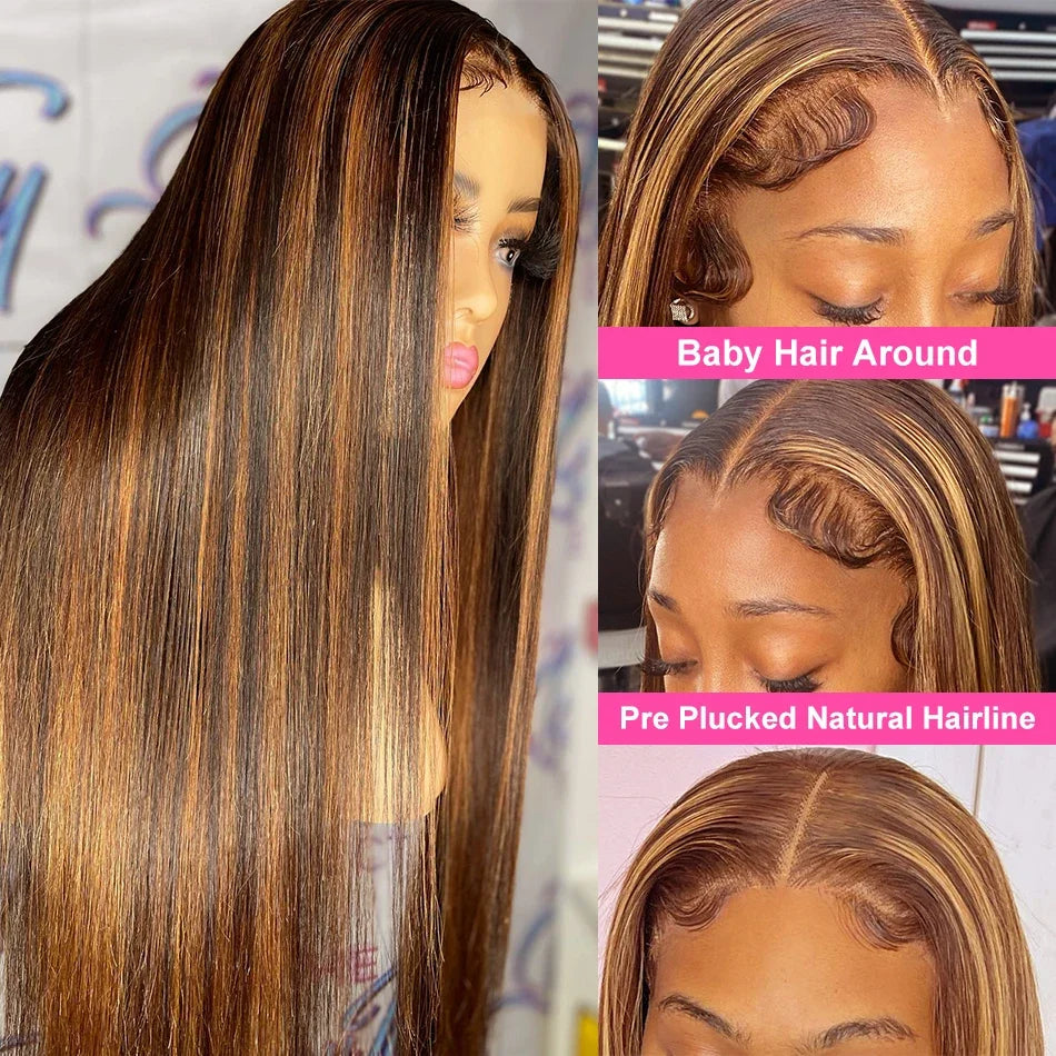 Highlight Wig Human Hair Honey Blonde Brown Colored Lace Front Wigs For Women Pre Plucked Bone Straight Lace Frontal Wig Remy