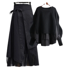 Women's Spring Autumn New Fashion Fake Two Piece Knit Sweater+Strap A-line Skirt Suit Korean Elegant Pullover Dress Matching Set