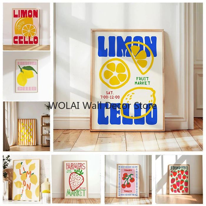 Retro Limon Cello Lemon Fruit Canvas Print Positano Lemon Strawberry Fruit Market Poster for Modern Bedroom Kitchen Home Decor