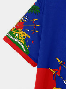 Men's Novelty T-Shirt | Vibrant Multi-Color Polyester Casual Tee with Haitian Flag & Cannon Print | Round Neck,Regular Fit