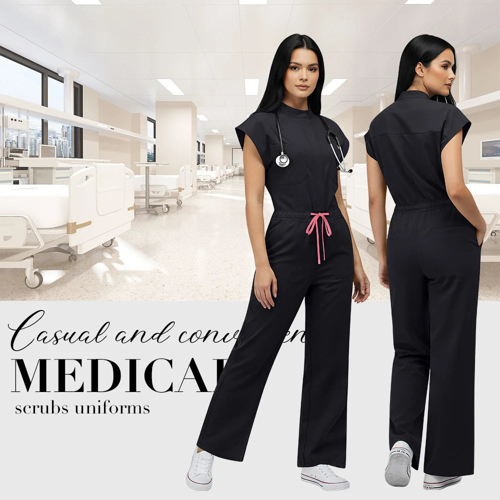 Niaahinn Operating Room Scrub Uniform Full Outfit & Veterinary Nurse Uniform with Bat Sleeve One-Piece Pet Grooming Work Clothes