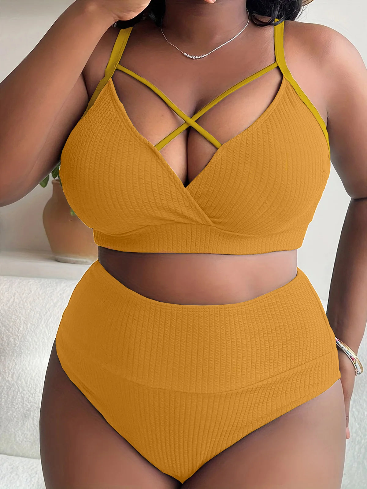 Plus Size Ribbed Two Piece Bikini Set Women V4982