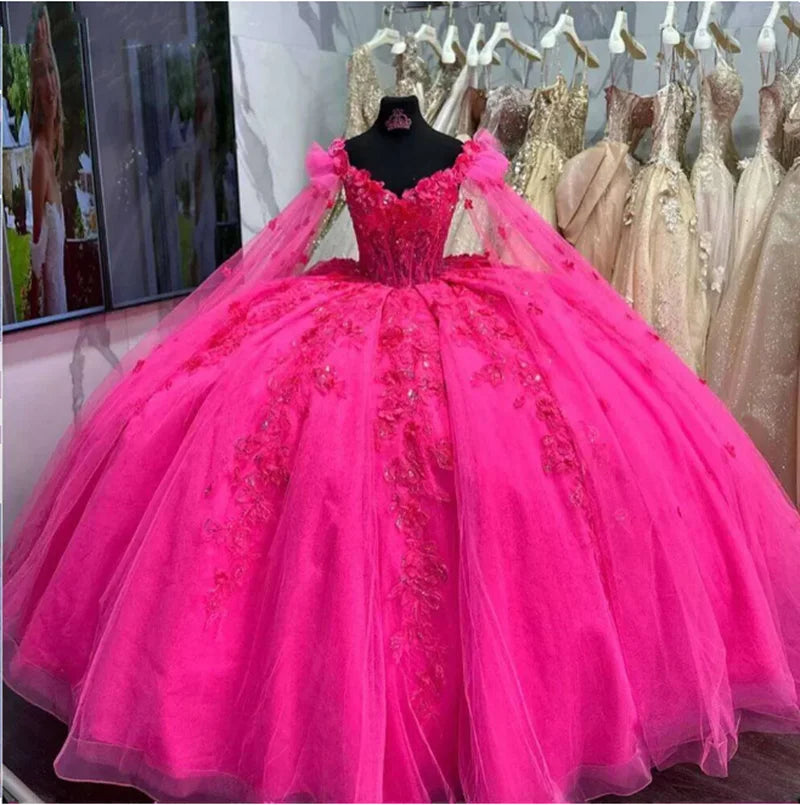 BOMARIS Rose Princess Ball Gown Quinceanera Dresses Vestidos De 15 Anos Vintage 3D Flower Appliques XV Birthday Party Customized