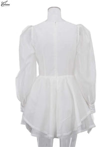 Oymimi Women's White Mini Dress 2026 Spring Deep V-Neck Puff Sleeve Corset Tiered Ruffle Sheer Casual Party Fashion Trendy Wear