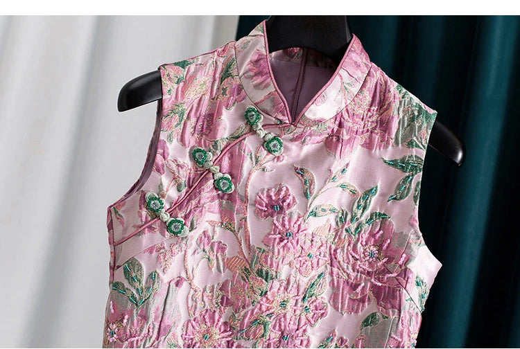 Women Peony Chinese Style Beaded Rhinestone Cheongsam Dress Mandarin Collar Sleeveless Luxury Party Vintage Dress