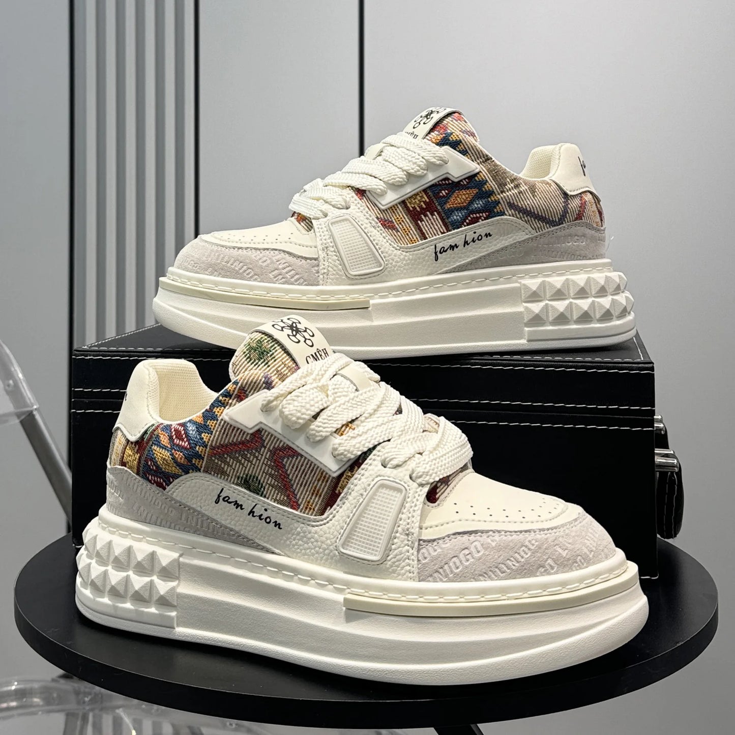 Trendy Embroidered Men's Casual Shoes Breathable Thick Bottom Sports Loafers Spring Summer High Top Sneakers Inner Heightening