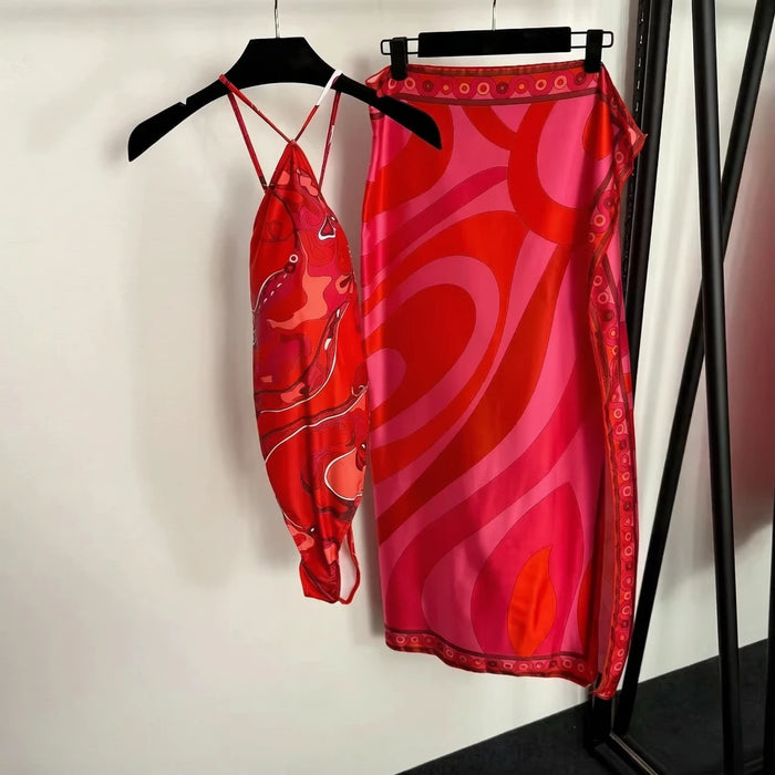 2026 Fashion Design Women's Red Scarf Sling Swimsuits Classic Brand Lady Scarf Bikini Sets with Letter Signature Logo