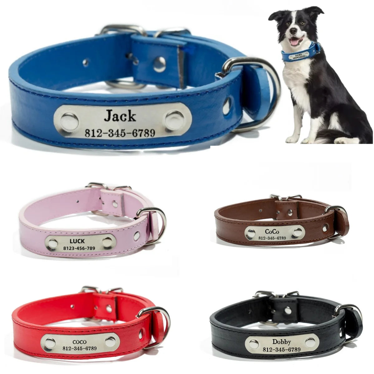 Personalized Dog Collar Name Carved ID Tag  Anti-lost Solid PU Leather Collar For Small Medium Large Dogs Puppy Cat Pet Supplies