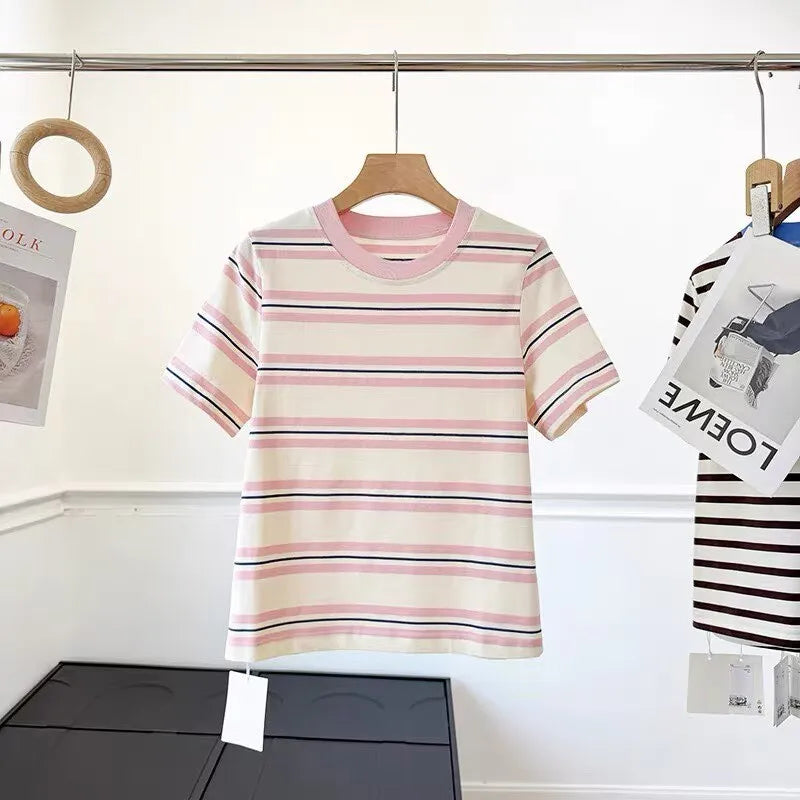 High Quality 2026 Summer New Women Fashion Stripes O-Neck Cotton T-Shirt Ladies Casual Short Sleeve Basic Tees Tops Female