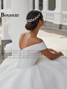 BONJOURY Simple V-neckline Wedding Dress for Woman Bride Satin Pockets Chapel Train Button Vestido De Casamento Drop Shipping