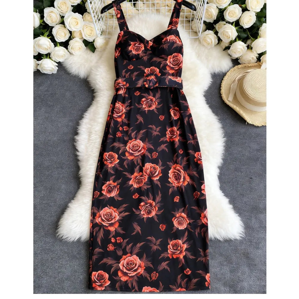 Summer Women Suspender Printed Dress Slim Fit Slit Tube Top