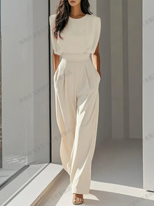 Combinaison élégante à taille haute, nouvelle mode féminine, style reine, couleur unie, avec ceinture et poches, tenue de bureau.