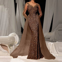Elegant Long Sleeve V Neck Lace Sequin Evening Dress Glitter