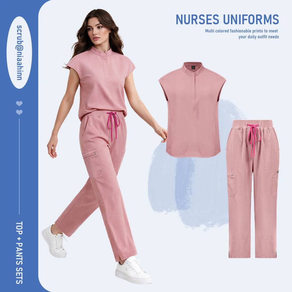 Niaahinn Scrub Women High Quality Short Sleeve Top Wide Leg Pants Hospital Uniforms Stretch Scrubs Medical Nursing Uniform Sets