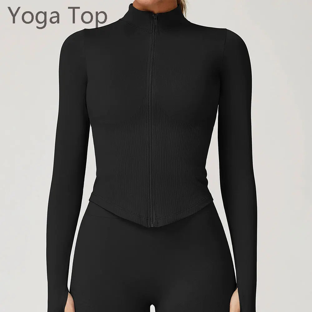 Seamless Zipper Long Sleeve Women Crop Top Yoga T Shirts